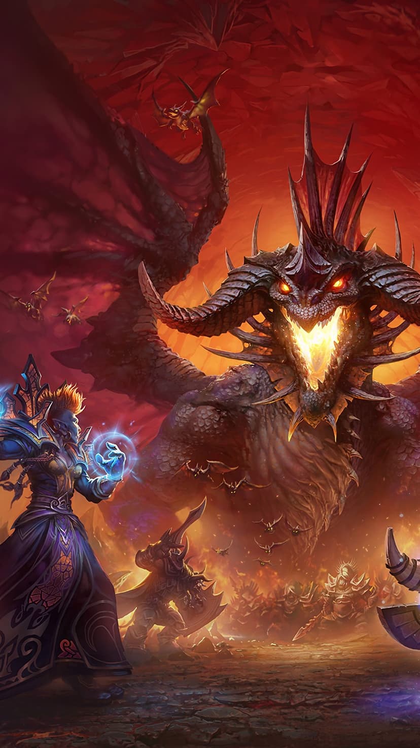 Massive black dragon breathing fire at a blue-skinned mage casting spells in a volcanic fantasy landscape.