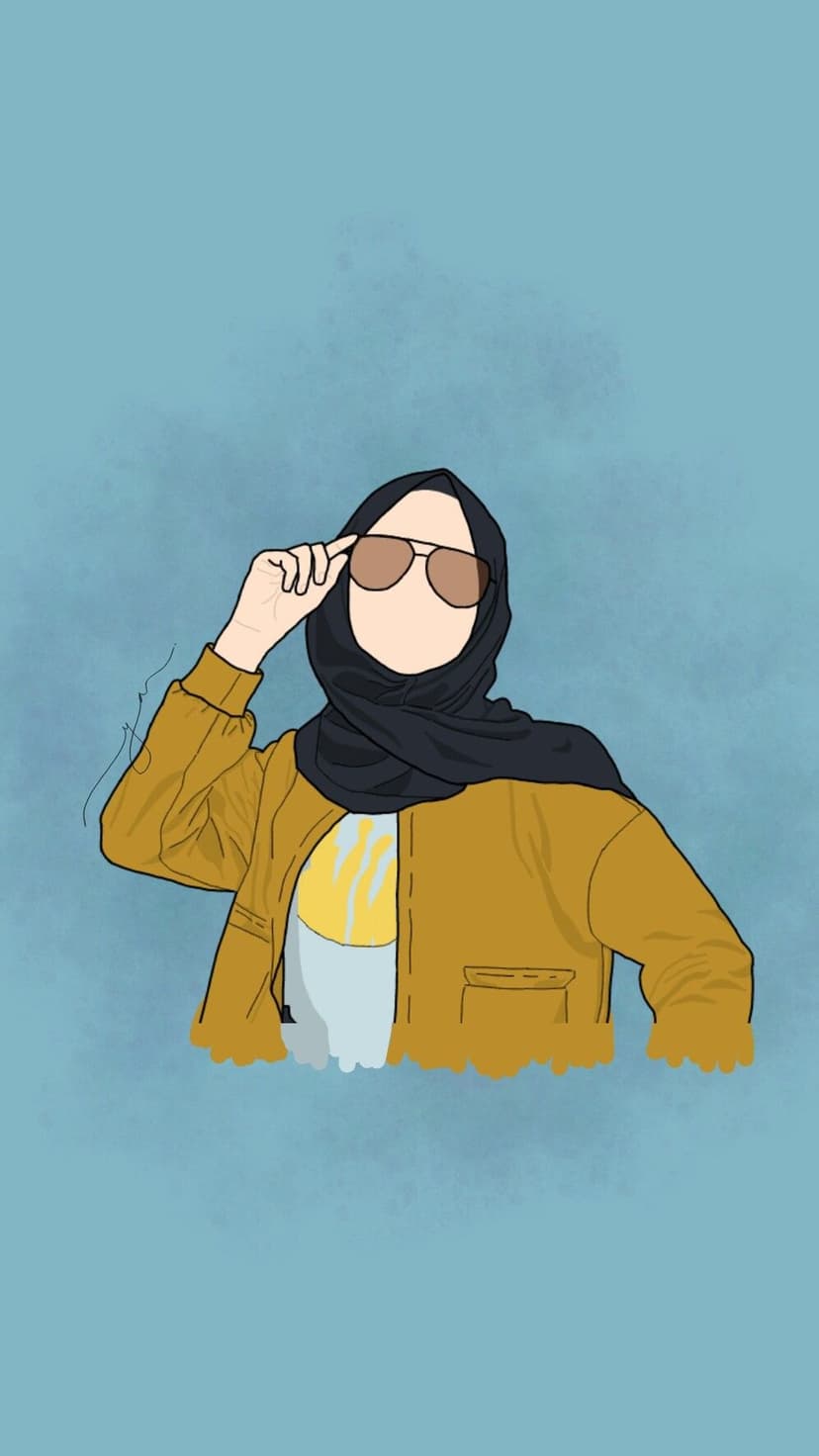 Muslim woman wearing a black hijab, sunglasses, and mustard yellow jacket against a textured blue background.