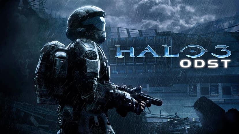 An ODST soldier in black armor holding a silenced weapon in a dark, rainy urban environment with the game logo.