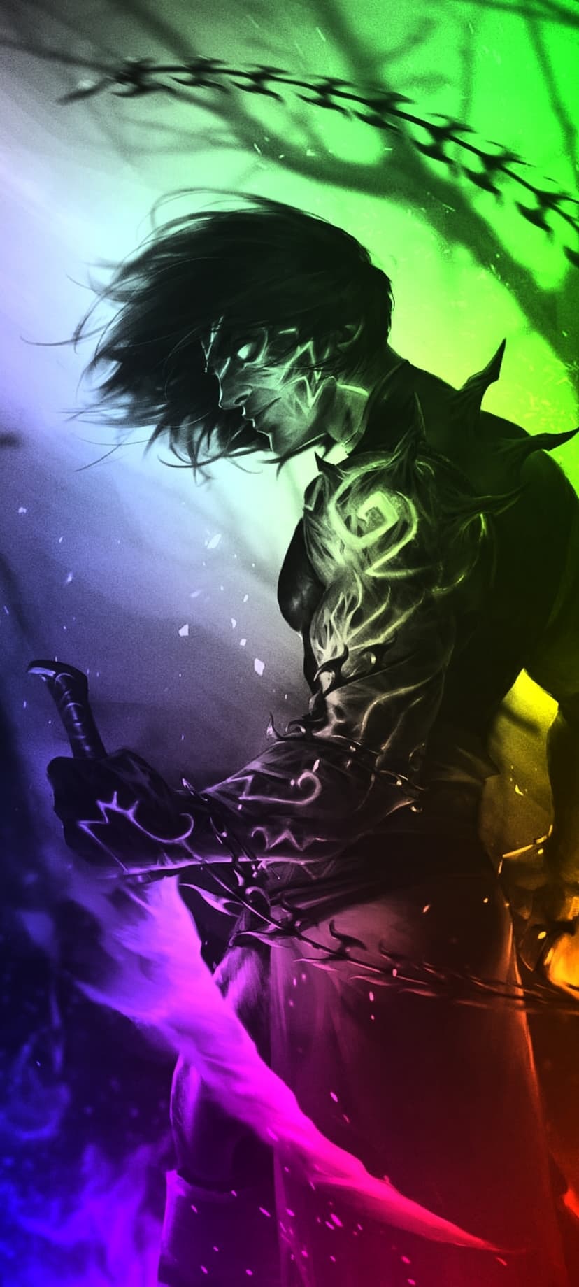 Dark warrior with green face markings holds a glowing purple sword against a swirling rainbow gradient background.