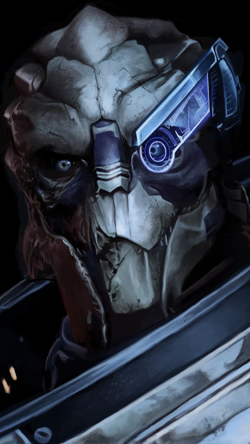 Battle-scarred Turian with a glowing blue cybernetic eyepiece and metallic armor in dramatic low-key lighting.