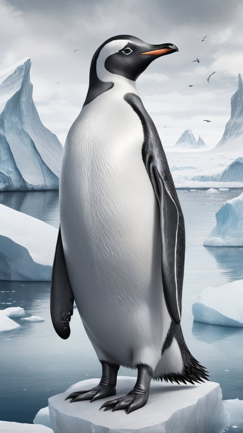 Penguin with black and white plumage stands on a textured iceberg against a backdrop of distant glacial mountains.