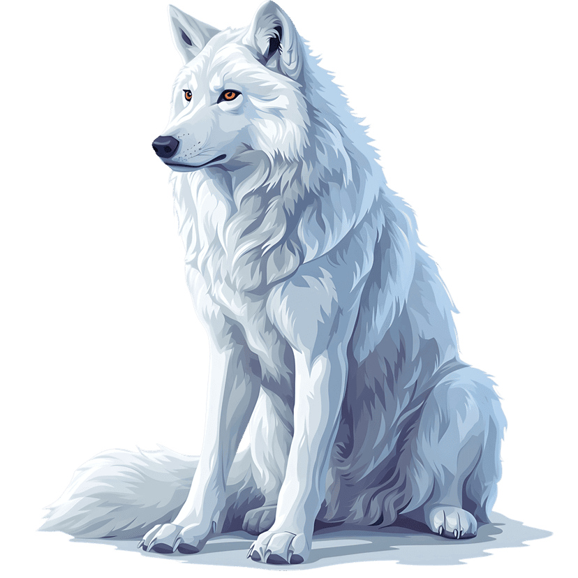 White wolf sitting in profile with glowing orange eyes and detailed white fur against a solid black background.