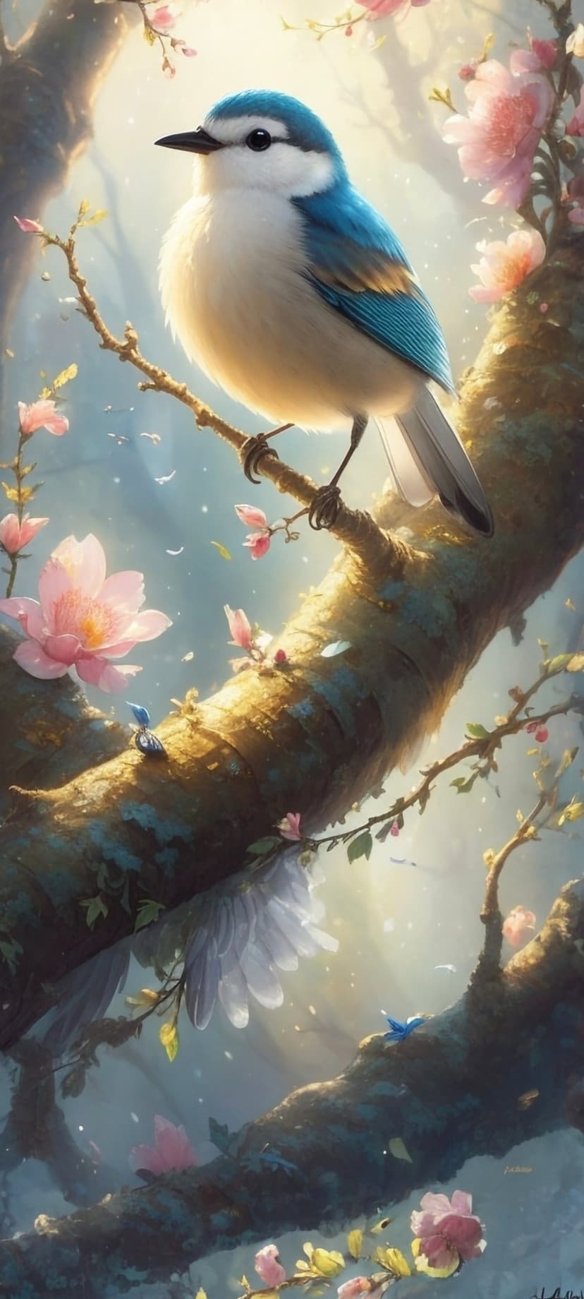 Azure blue bird with white underbelly perching on a pink cherry blossom branch under warm morning sunlight.