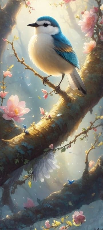 Blue Bird on Cherry Blossom Branch in Sunlight