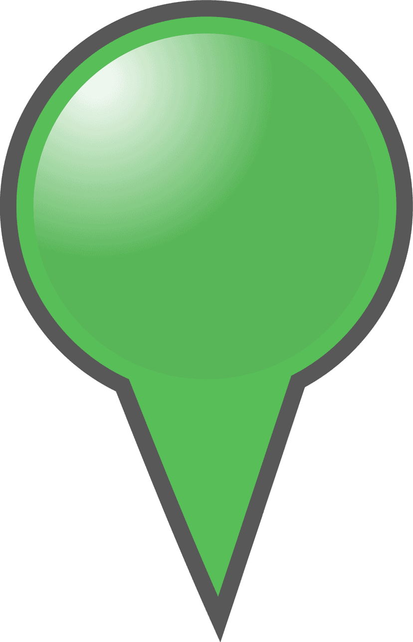Green location pin icon featuring a glossy reflective sphere surface and realistic 3D shadow on white.