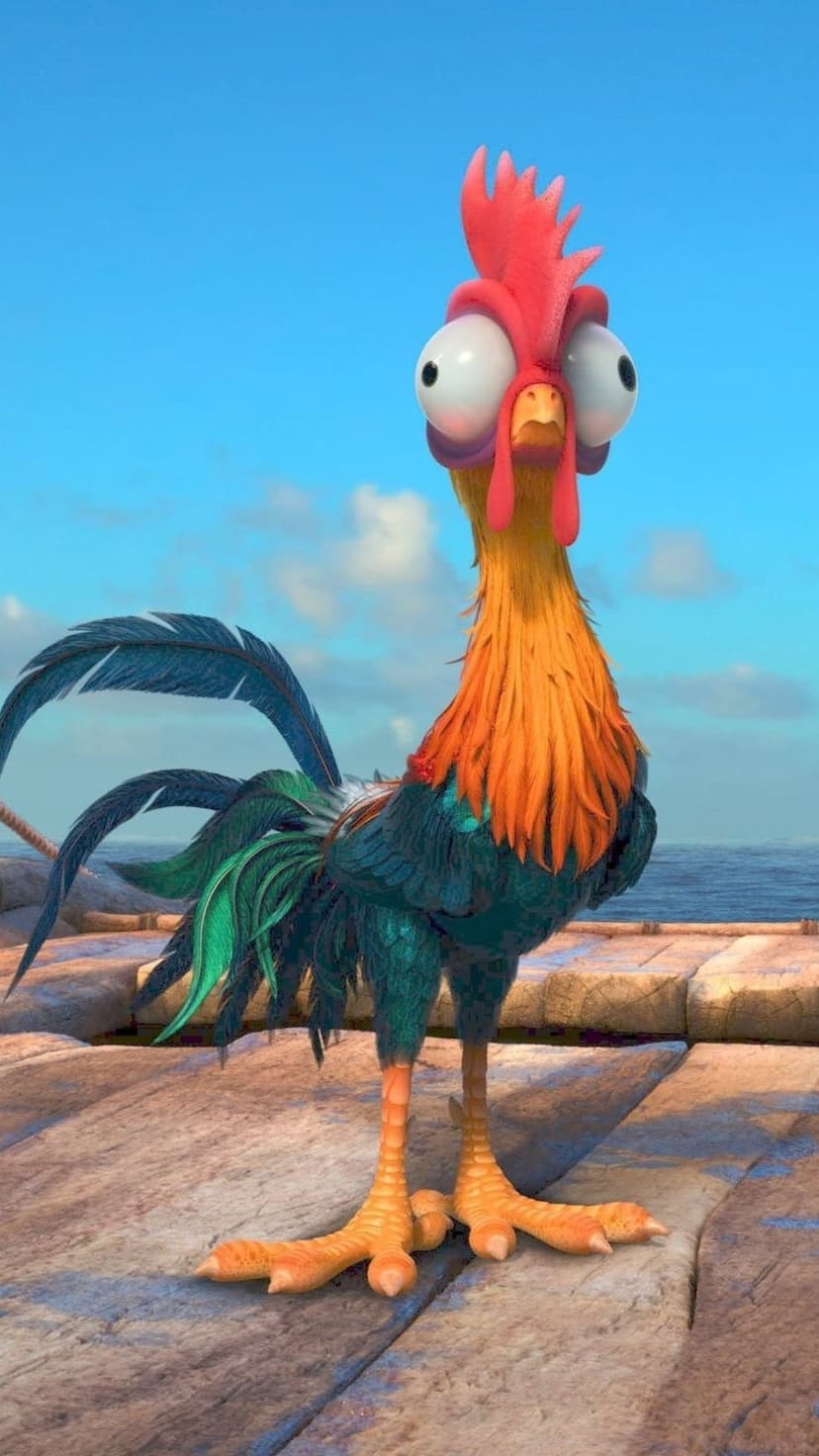 Heihei the rooster with wide eyes stands on a stone dock against a blue sky and ocean in a vertical composition.