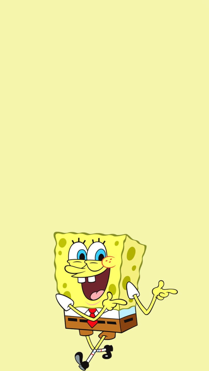 SpongeBob SquarePants smiling with wide blue eyes and buck teeth against a solid pastel yellow background.