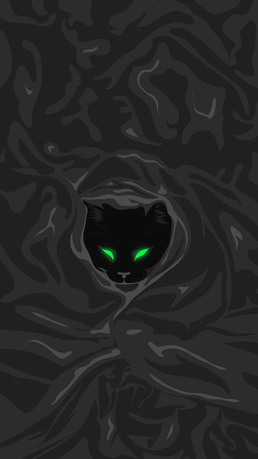 Black cat face with glowing neon green eyes emerges from a swirling dark gray and charcoal abstract background.