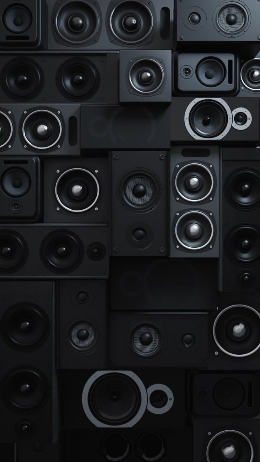 Black speaker grills and circular drivers are stacked in a textured, monochromatic vertical audio composition.