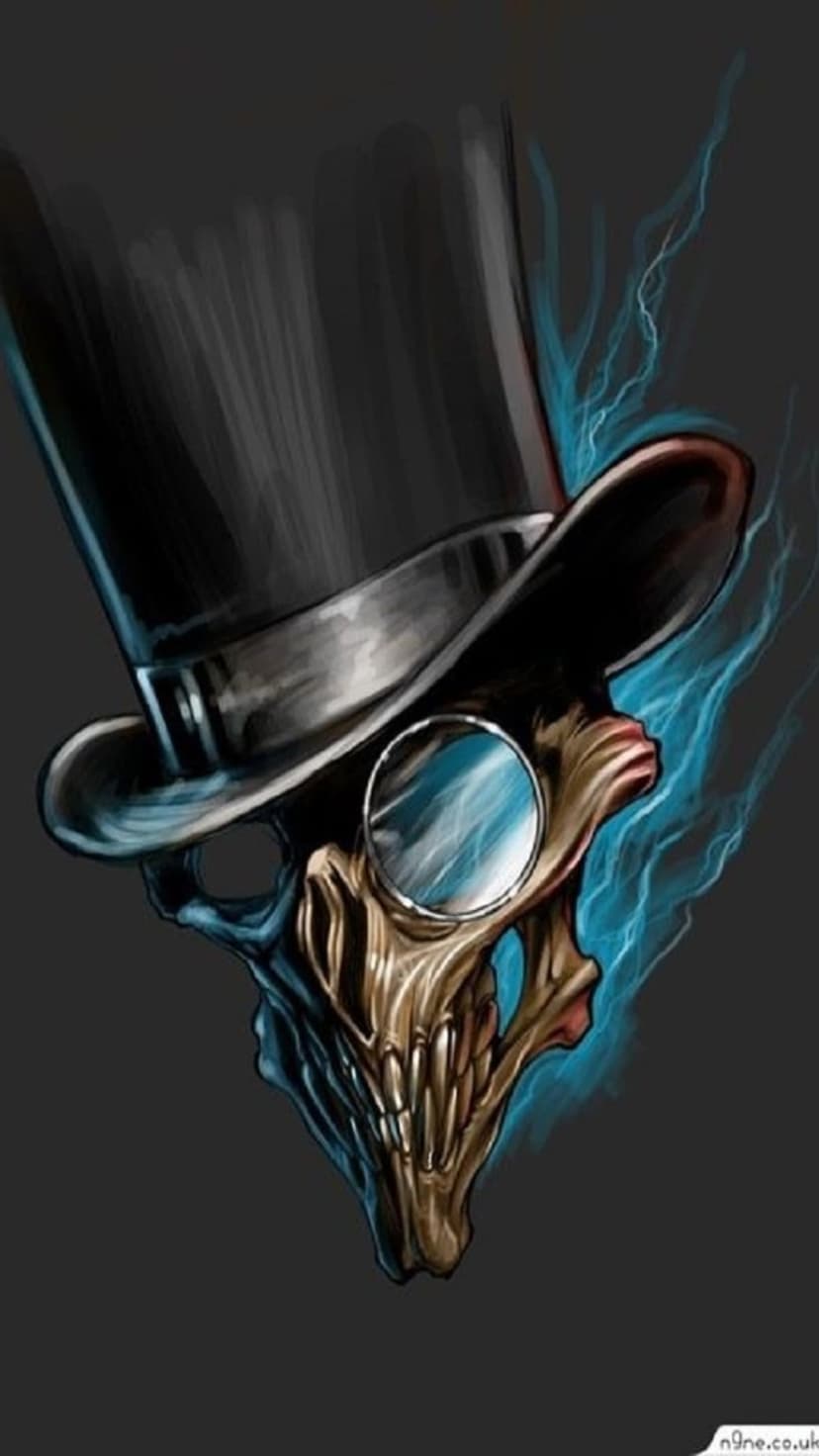 Skull wearing a black top hat and monocle with blue spectral smoke trails behind it in a dark gothic scene.