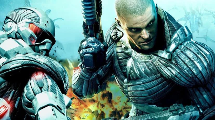 Two Nanosuit soldiers in tactical gear hold weapons amidst a tropical explosion and alien structures.