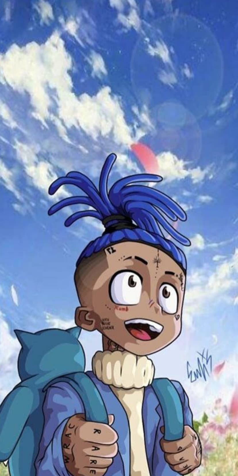 Young person with blue dreadlocks and hand tattoos wears a blue jacket against a sky with clouds and petals.