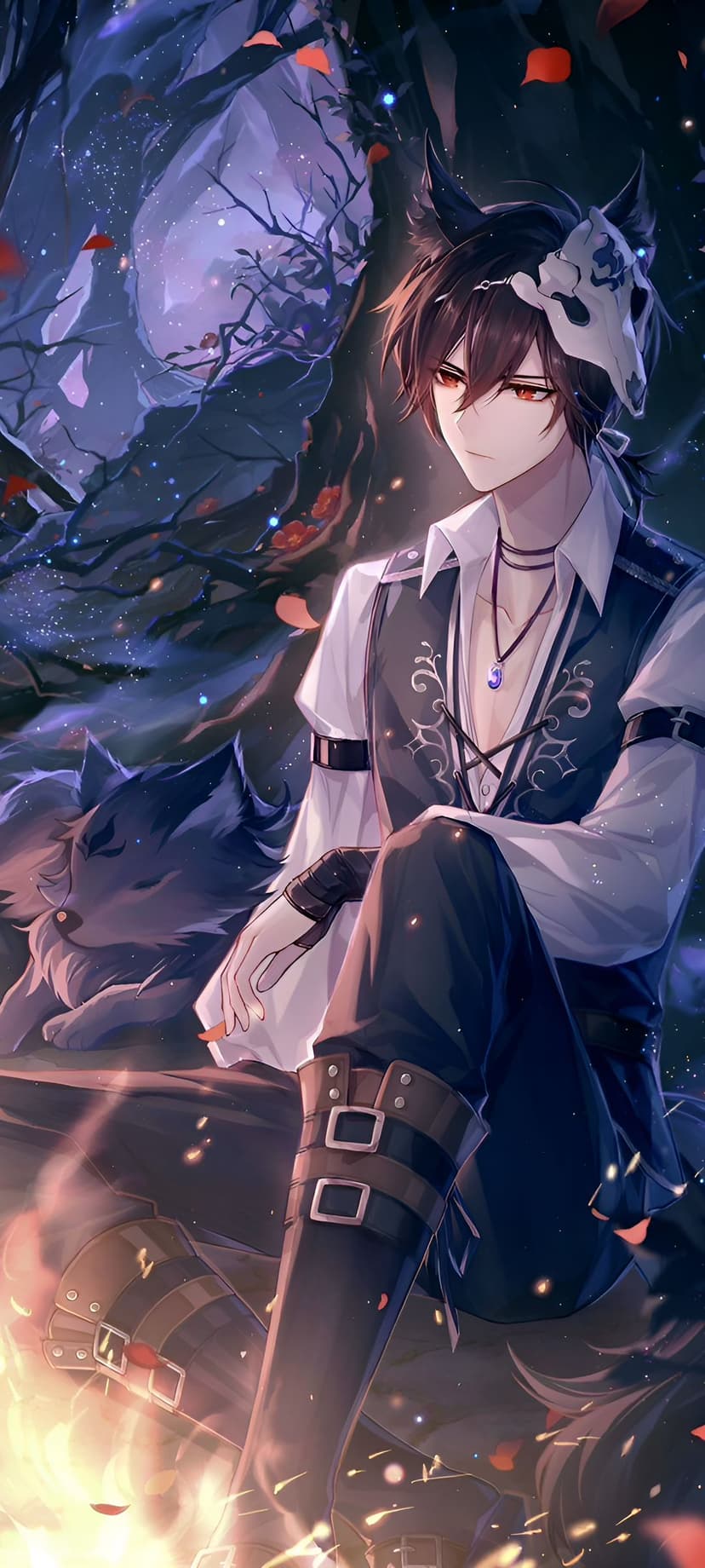 Wolf-eared boy wearing a mask sits by a sleeping wolf in a dark forest illuminated by soft moonlight and petals.