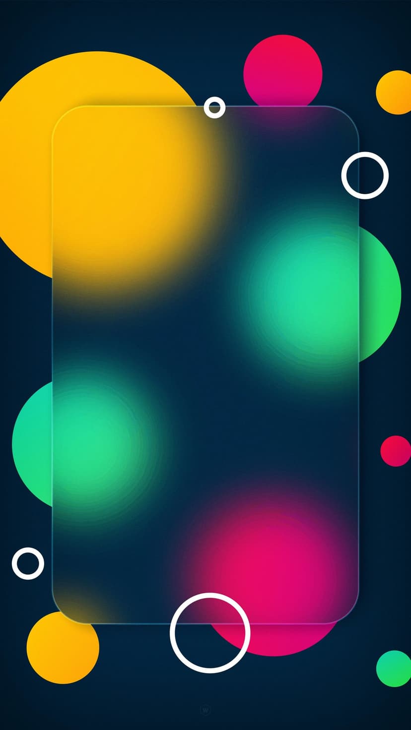 Yellow, pink, and green glowing rings overlap behind a translucent frosted glass rectangle on a navy backdrop.