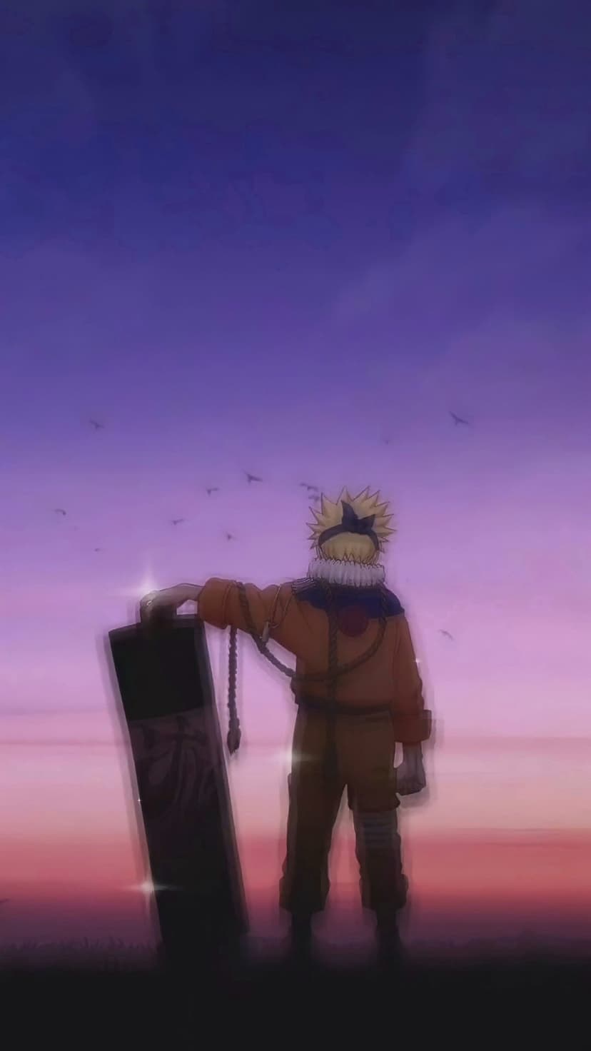 Naruto Uzumaki silhouette with a sword against a pink and purple sunset sky as birds fly in the distance.