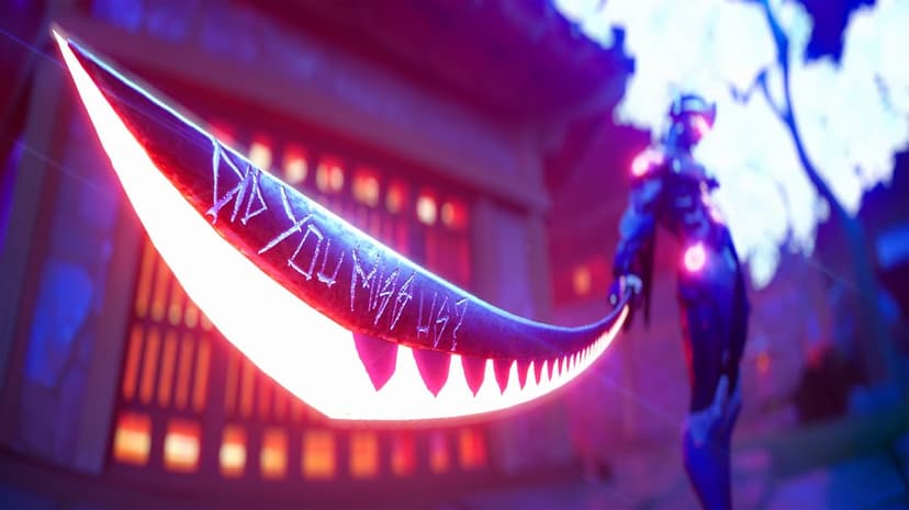 Glowing red cybernetic katana with etched text DID YOU MISS US against a blurred futuristic ninja background.