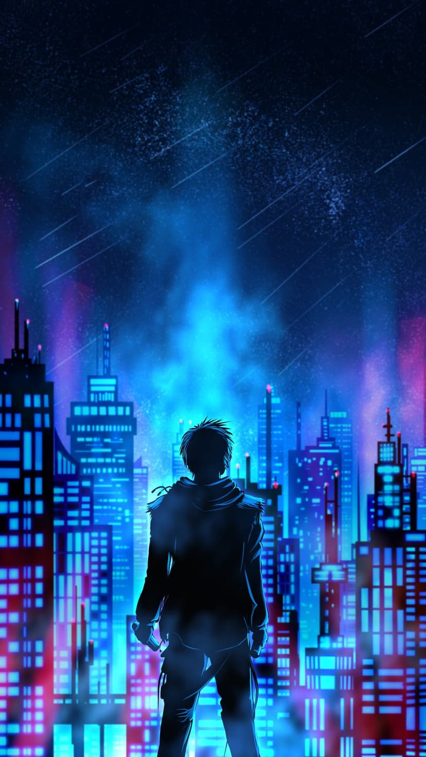 Solitary silhouette standing before a neon-lit futuristic city under a starry indigo sky with light trails.