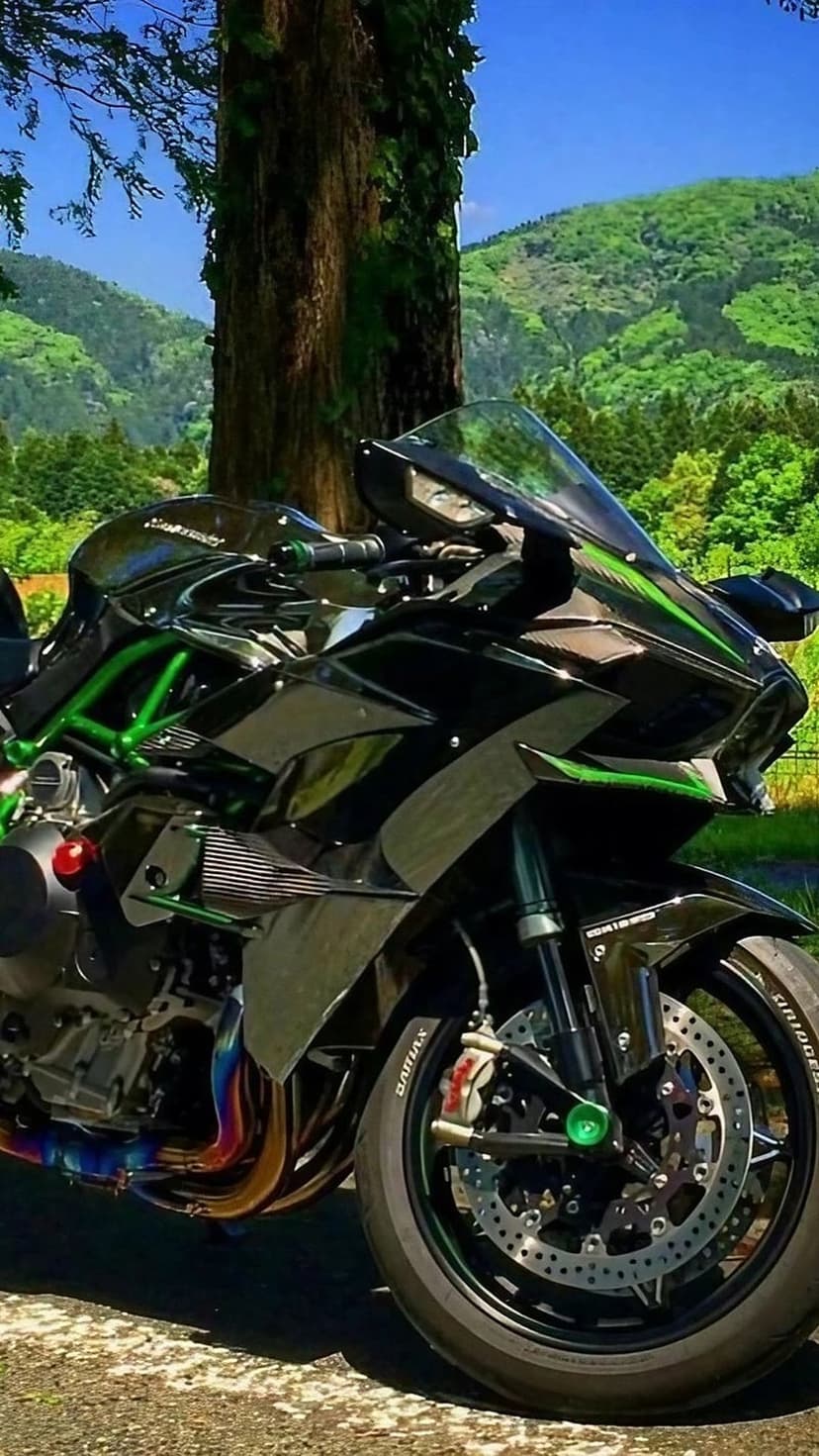 Black Kawasaki motorcycle with green frame parked by a tree in front of lush green mountains and blue sky.