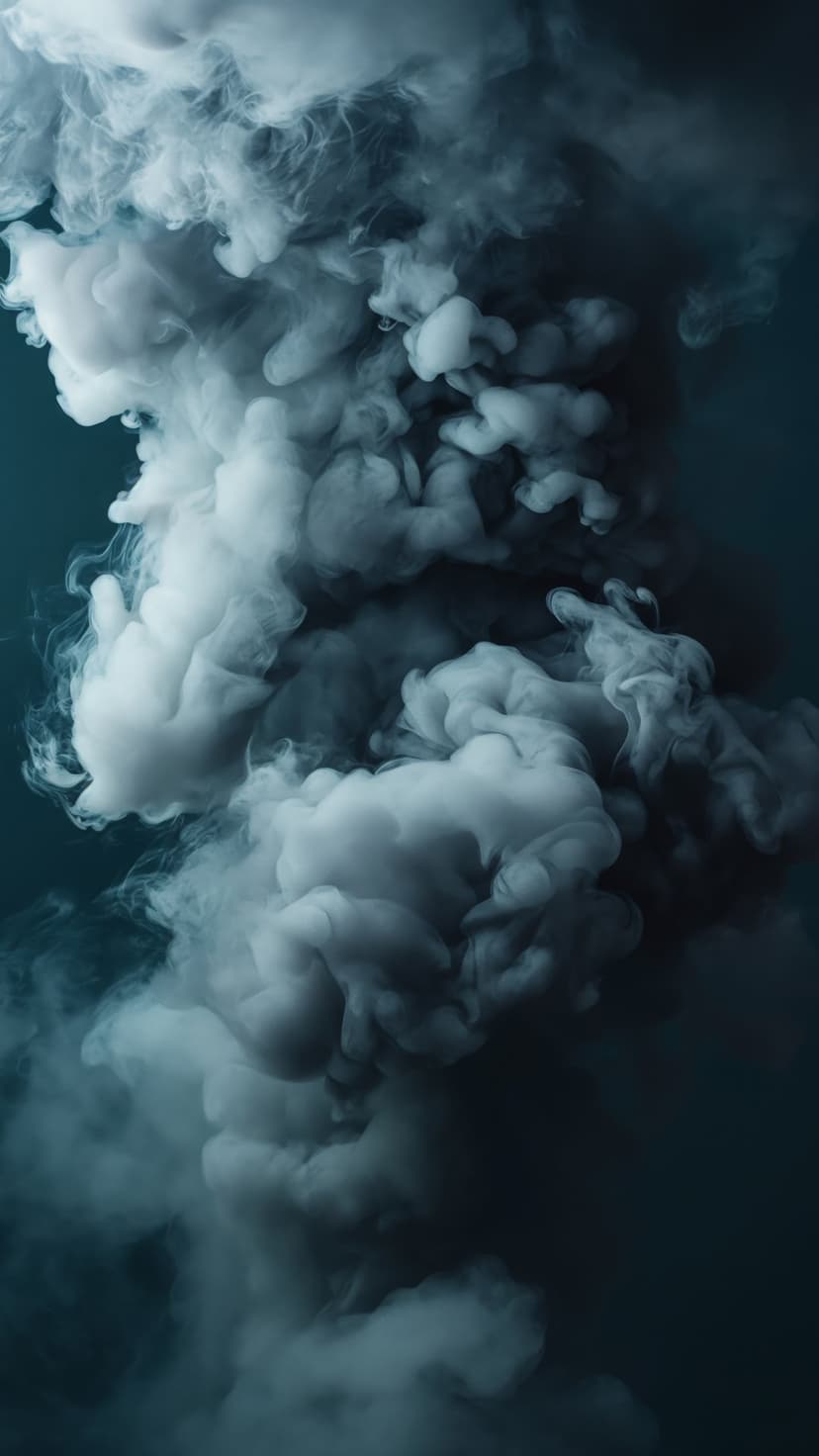 Navy blue smoke swirls and white vapor tendrils erupting against a dark teal background with high contrast.
