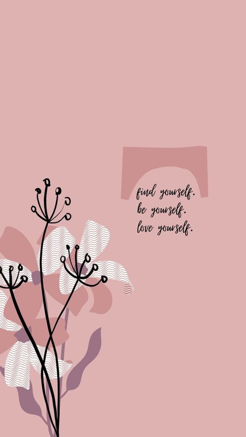 Wildflower line art and cursive text saying find yourself be yourself love yourself on a soft pink background.