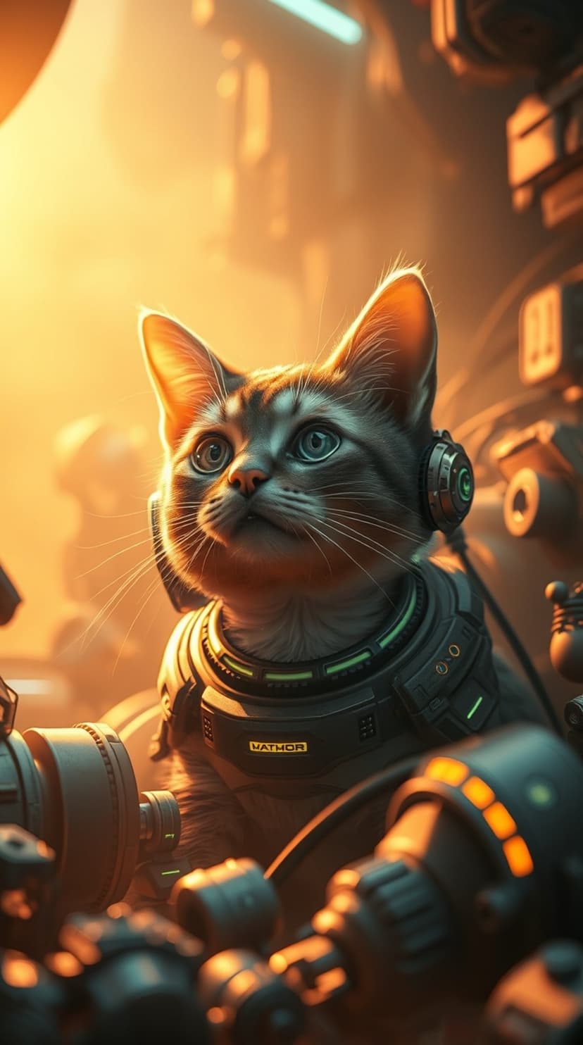 Tabby cat wearing tech headphones and a cybernetic suit sits inside a glowing orange mechanical spaceship cockpit.