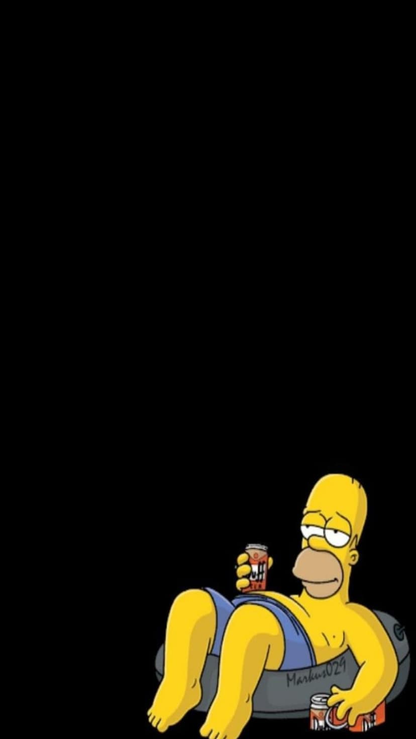 Homer Simpson lounges in a black inner tube holding Duff beer cans against a solid black minimalist background.