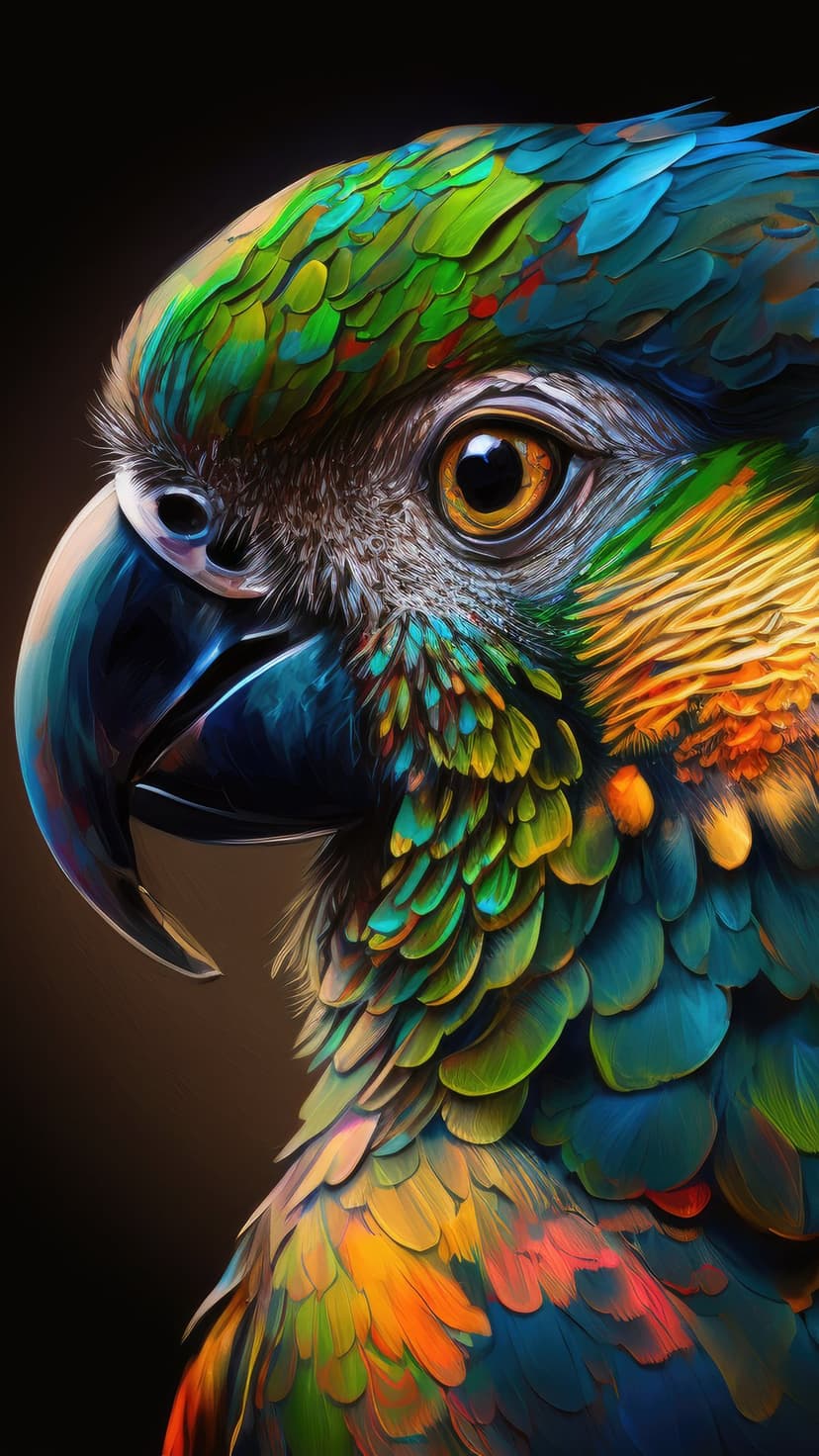 Macaw parrot head close-up featuring iridescent blue feathers, a curved beak, and a detailed golden bird eye.