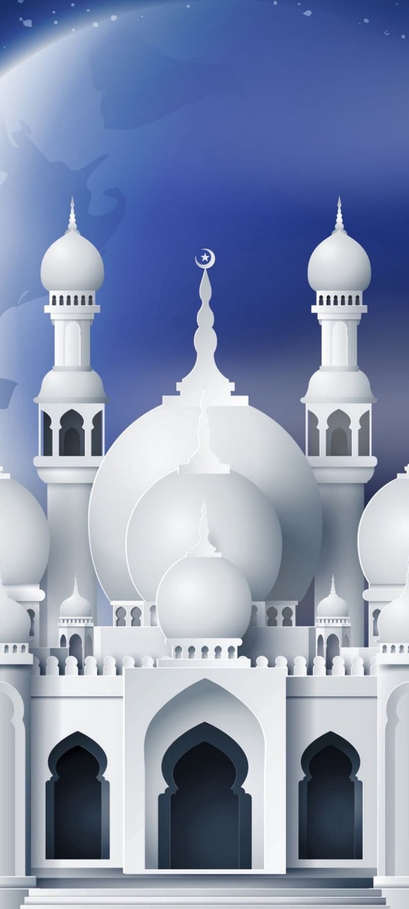 White mosque with multiple domes and minarets under a crescent moon and star against a gradient blue sky.
