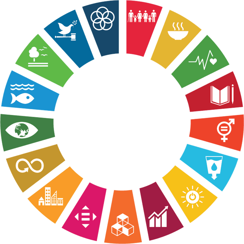 Sustainable Development Goals wheel displays seventeen colored segments with minimalist white icons in a circle.