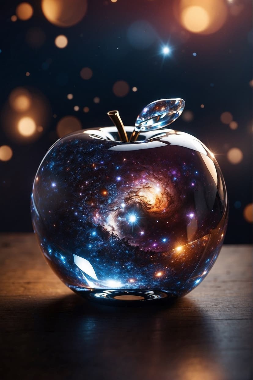 Crystal apple filled with a violet galaxy and white stars featuring a gold stem against a dark bokeh background.