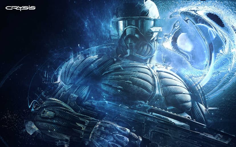 Nanosuit soldier holding a rifle amidst glowing blue energy swirls and a deep cosmic nebula background.