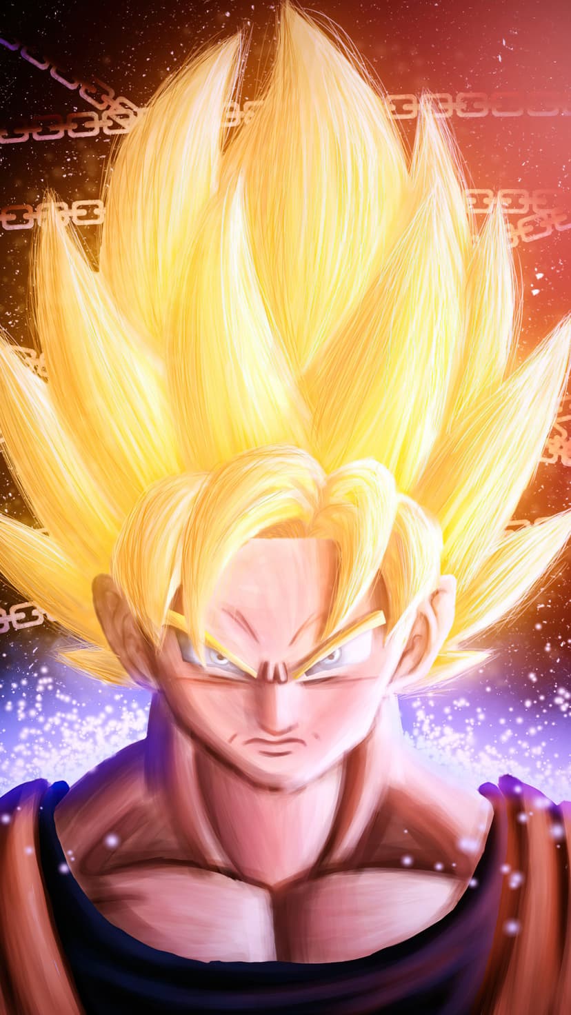 Goku in Super Saiyan form with spiky yellow hair and a glowing golden aura against a dark cosmic background.