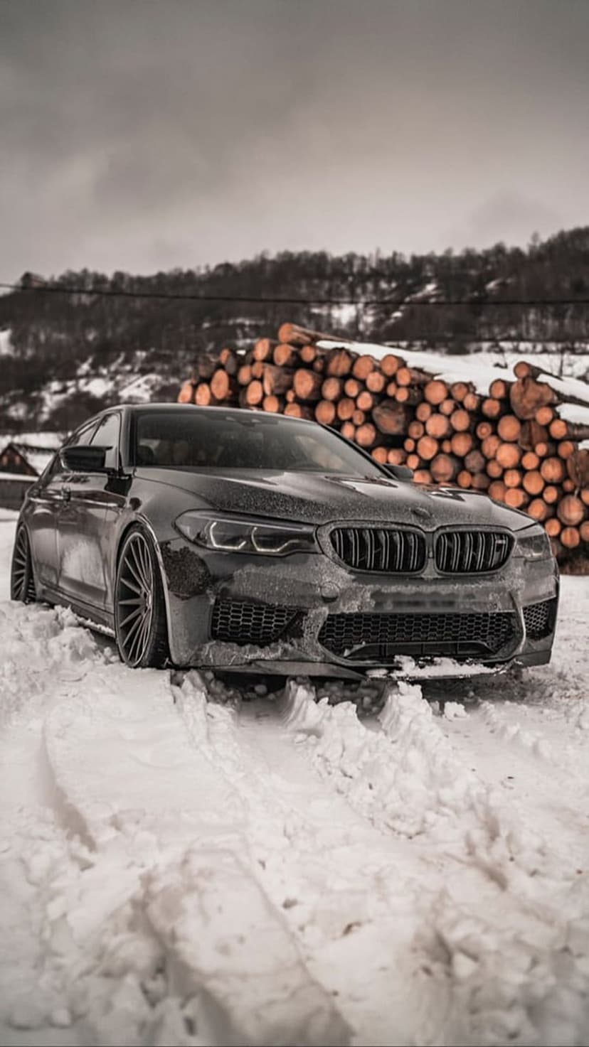 BMW M5 sedan with illuminated headlights parked next to stacked logs in a snowy mountain landscape.