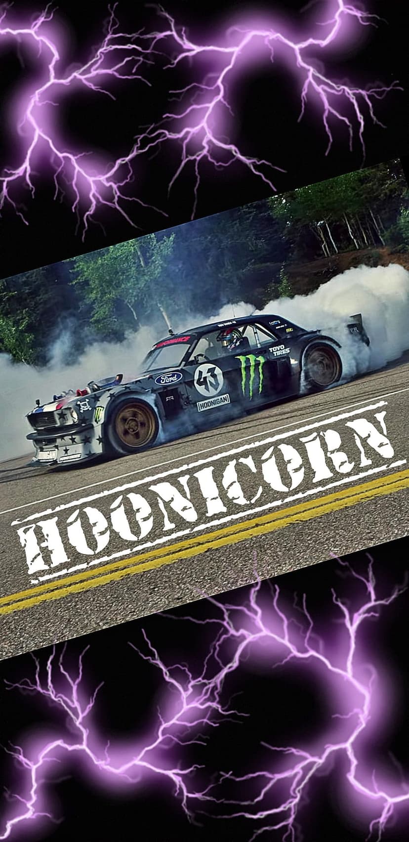 Hoonicorn Ford Mustang drifts past yellow road lines under a night sky illuminated by purple lightning strikes.