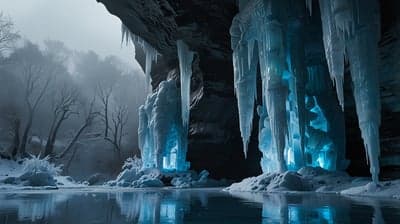Ethereal Ice Cave with Glowing Blue Formations