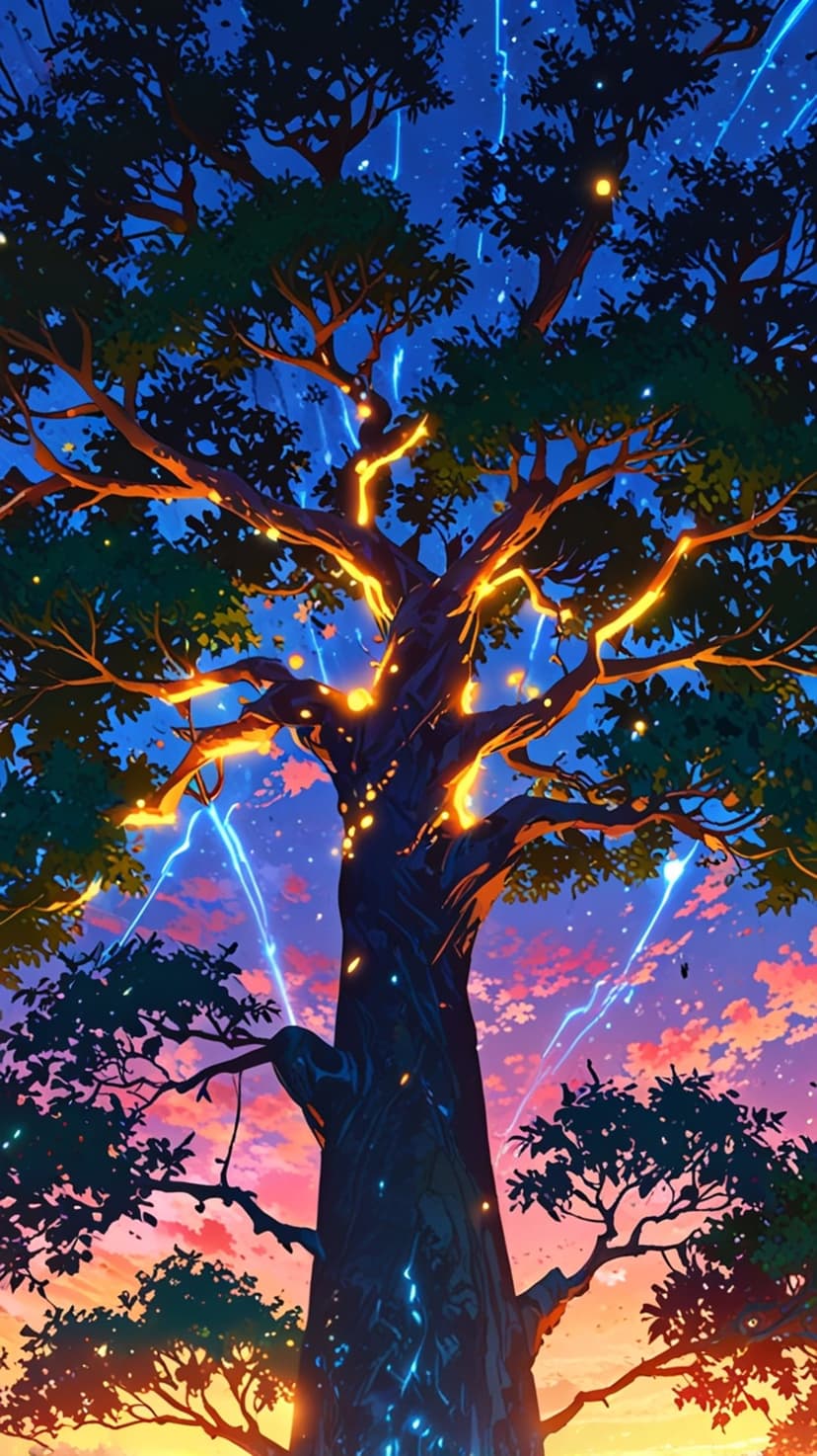 Colossal ancient tree with glowing blue branches and floating orbs against a starry sunset and twilight sky.