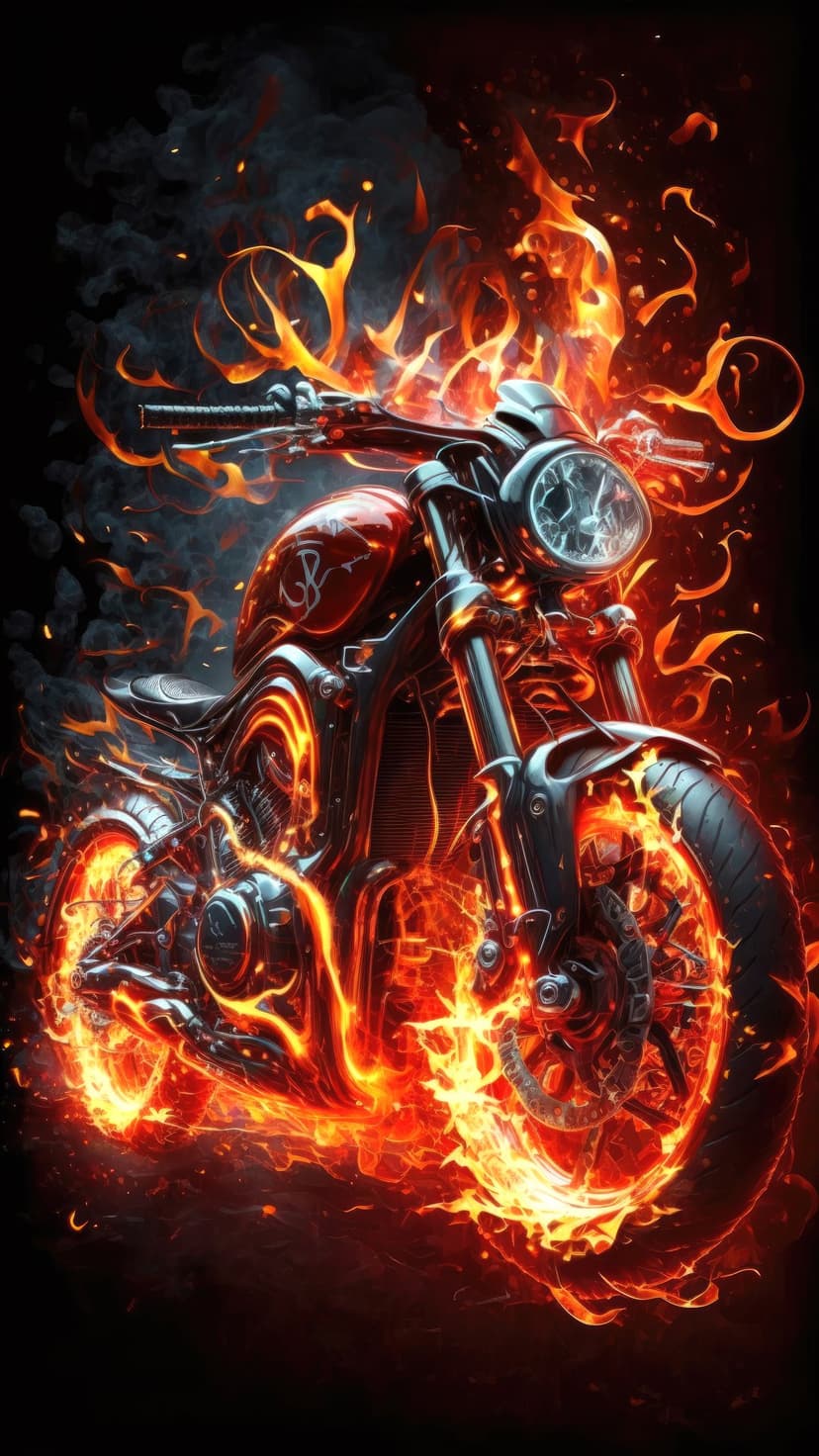Motorcycle consumed by intense orange and red flames against a black background with glowing sparks and heat.