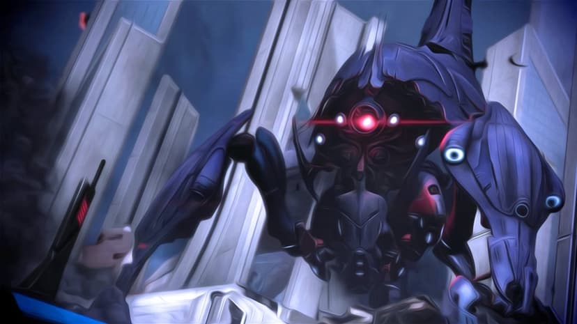 Purple biomechanical robot with a glowing red eye standing among white futuristic skyscrapers under a blue sky.