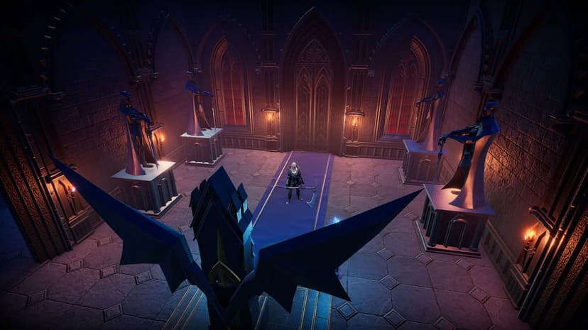 A vampire with a scythe stands in a dark gothic hall with stone statues and glowing red arched windows.