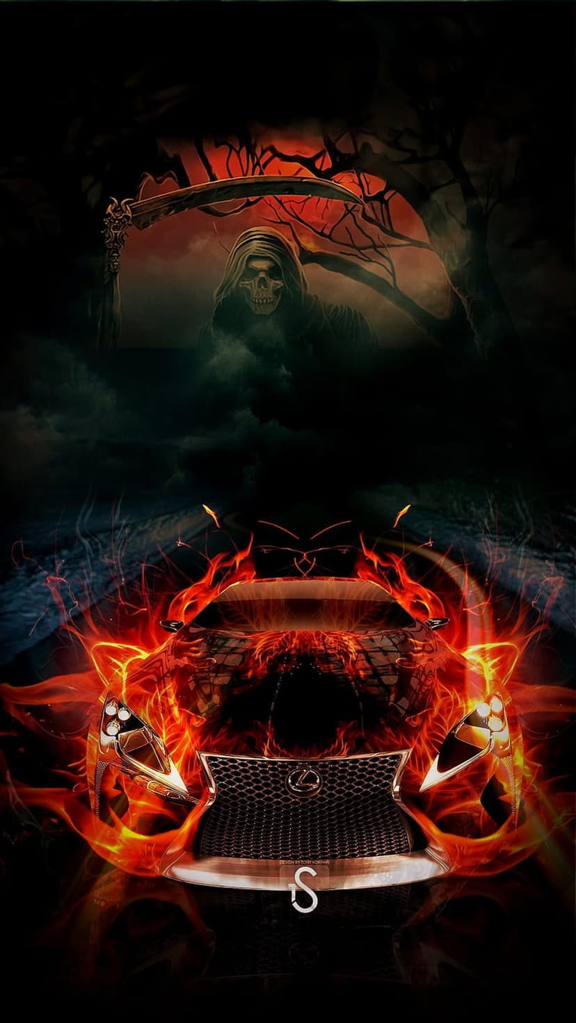 Grim Reaper holding a scythe stands behind a Lexus car engulfed in orange flames under a large blood-red moon.