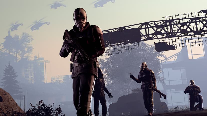 Masked soldiers holding rifles walk through a foggy ruined city under helicopters in this cinematic scene.