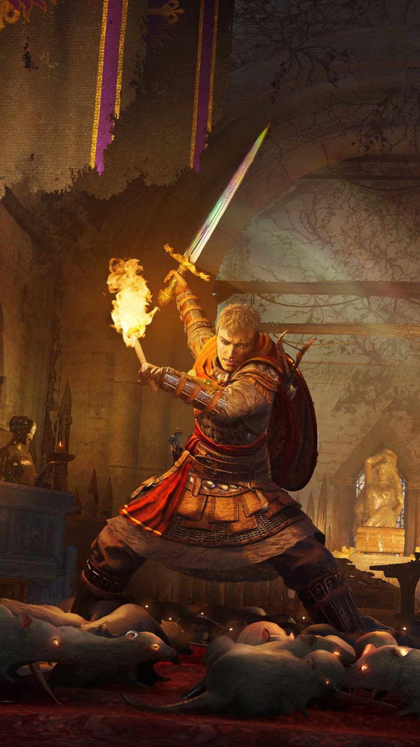 Armored warrior raises a glowing torch and sword to fight a massive swarm of rats within a dark stone dungeon.