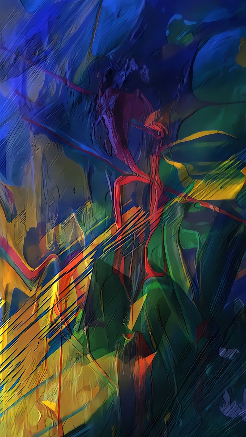 Vibrant red, blue, and yellow brushstrokes swirl together with thick textures in a dynamic vertical composition.