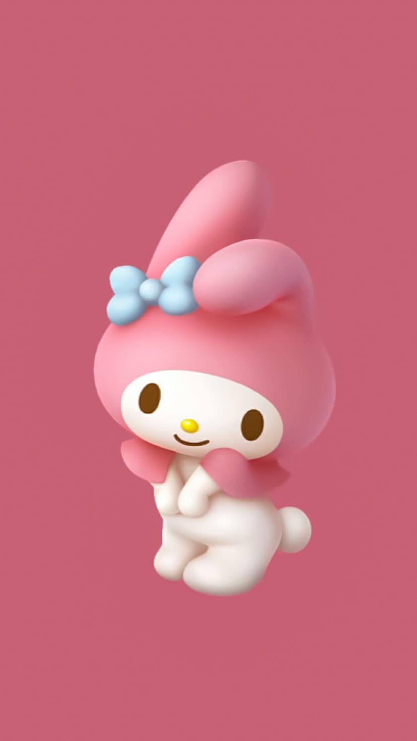 My Melody rabbit character with a pink hood and blue bow stands against a solid pink background in a 3D style.