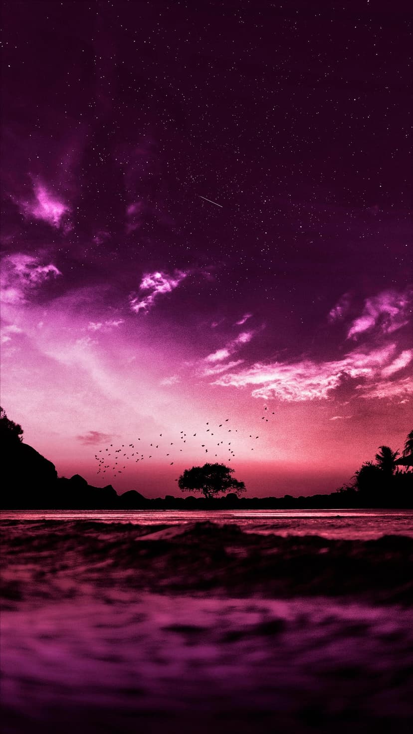 Migrating birds fly across a purple starlit sky above a dark tree silhouette and gentle ocean waves.