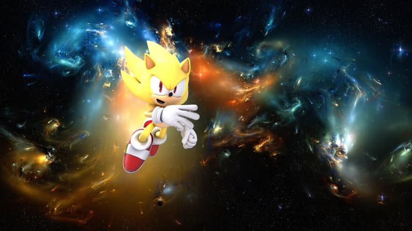 Super Sonic in his golden form flying through a vibrant blue and orange space nebula with bright stars.