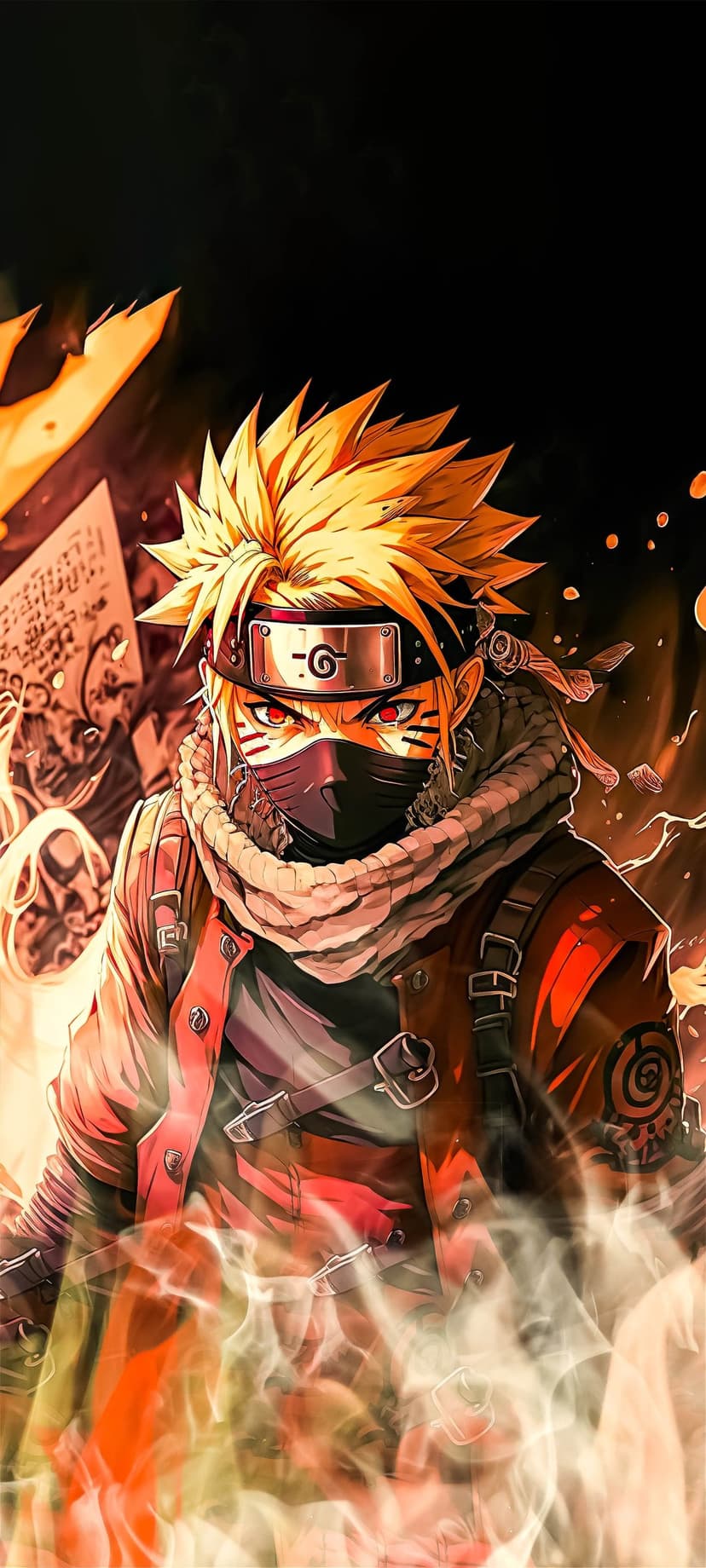 Naruto Uzumaki with red eyes and spiky blonde hair poses amidst vibrant orange flames and dark thick smoke.