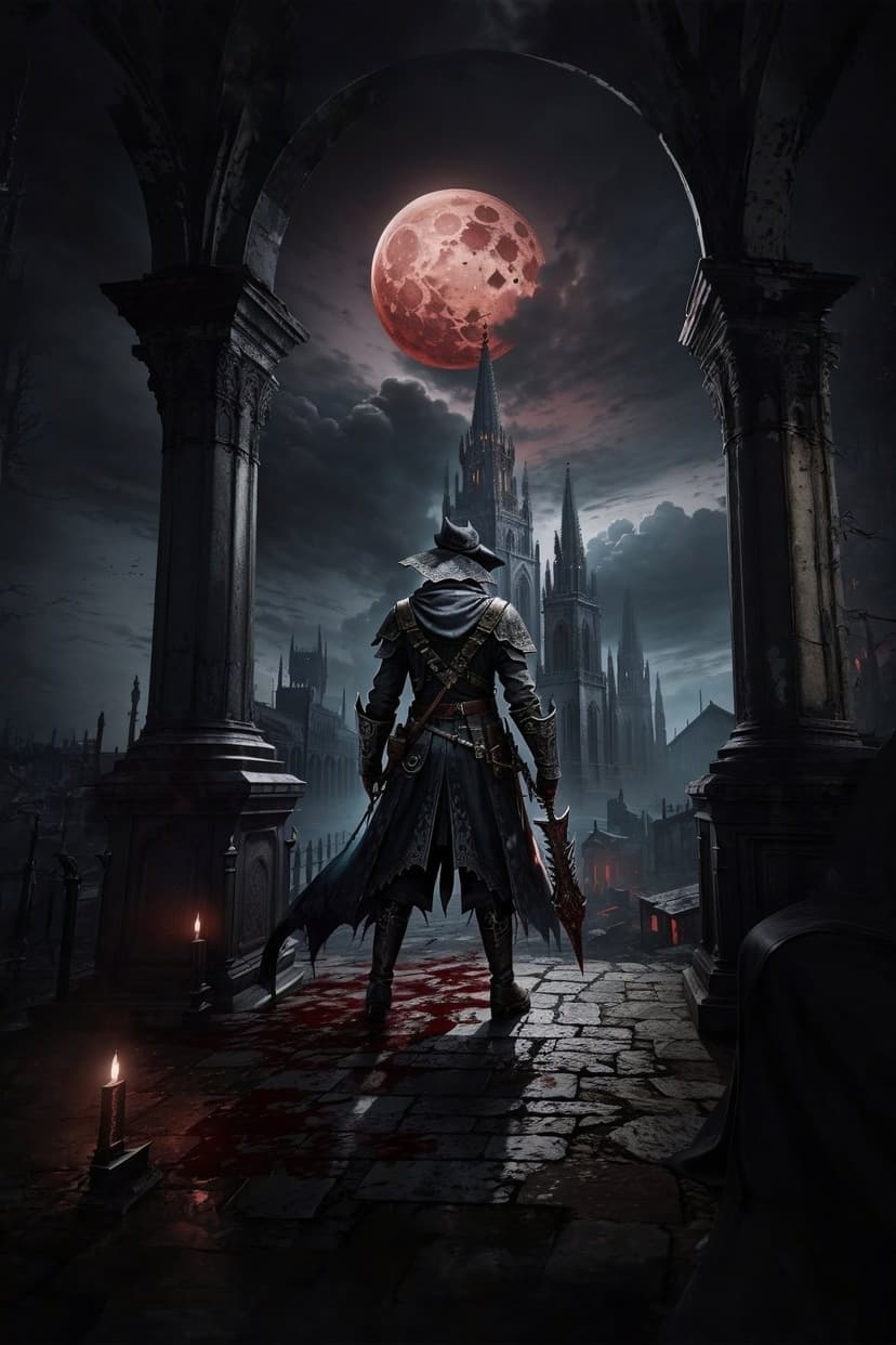 Armored hunter stands on bloody cobblestones facing a stone castle under a massive, glowing crimson moon at night.