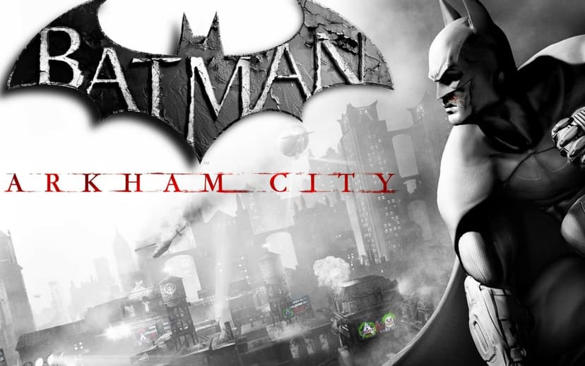 Batman with a bruised face overlooking a foggy Arkham City skyline with helicopters and Gothic buildings.